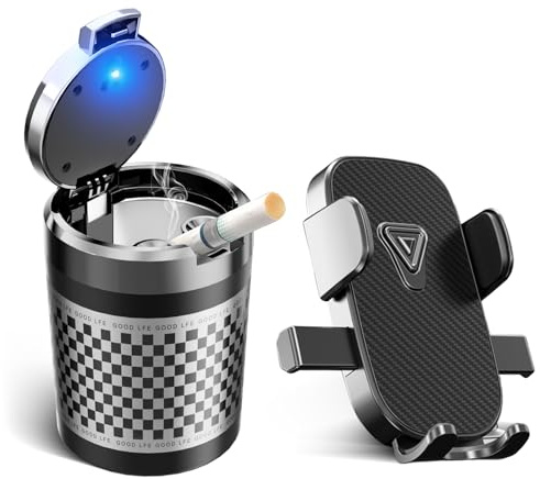 Chingde 1 Pieza Cenicero Coche con Tapa y 1 Pieza Soporte Movil Coche (Sólido, Universal), Luz LED Automática, Sellada e Ignífuga, Desmontable, Cenicero de Gran Capacidad (Plateado)
