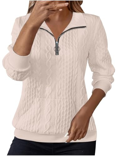 Sweatshirts for Women UK Jumpers for Women UK Sweatshirts Lapel Half Zip Pullover Knit Cable Ladies Sweatshirt Long Sleeve Tops Fall Winter Sweaters Warm Hoodies Outfit Clothing Beige XL