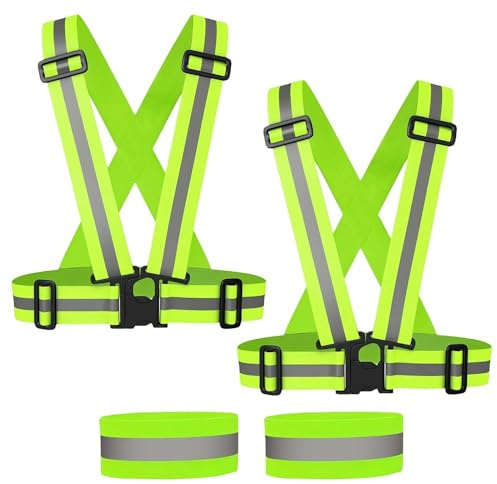 JCSJK 2PCS Gilet de Sécurité Réfléchissant + Bracelets de Sécurité Haute Visibilité & Réglable Elastique Gilet de Sécurité Gilet Jaune Adulte pour Hommes et Femmes Course, Faire du Vélo, Jogging