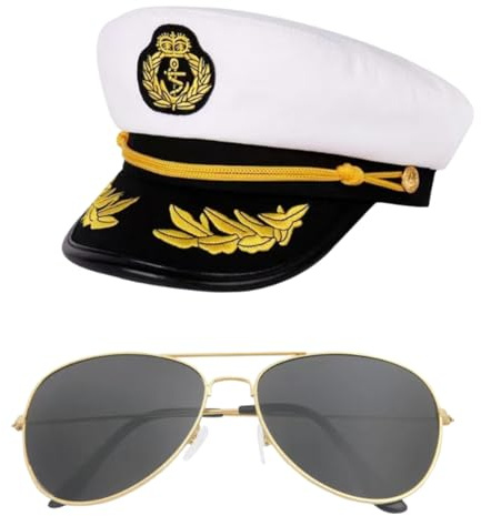 LUDHEP Kostüm Set Kapitän, mit Kapitänsmütze Matrosenmütze Seemannsmütze Mütze Marine Matrose, Pilotenbrille für Fasching Karneval Herren und Damen