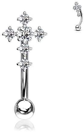 TATA GISELE Piercing per sopracciglio in acciaio chirurgico 316L e ossido di zirconio, asta curvata con croce decorata con zirconi, diversi colori di finiture e Acciaio inossidabile, colore: