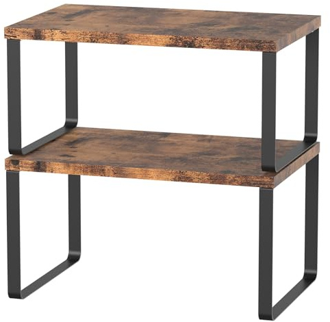 CADUKE Küchenschrank und Thekenregal, 2 Stück, Industriell Stapelbar und Erweiterbar Regal Organizer, Gewürzgläser, Flaschenregal, Rustikales Braunes, Metallrahmen und Holz