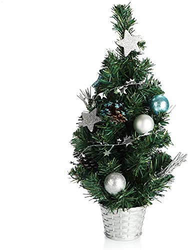 COM-FOUR® Künstlicher Weihnachtsbaum mit Christbaumkugeln - Geschmückter Tannenbaum für die Weihnachtsdekoration - Christbaum für die Deko zu Weihnachten (01 Stück - 45cm - grün/silberfarben/blau)