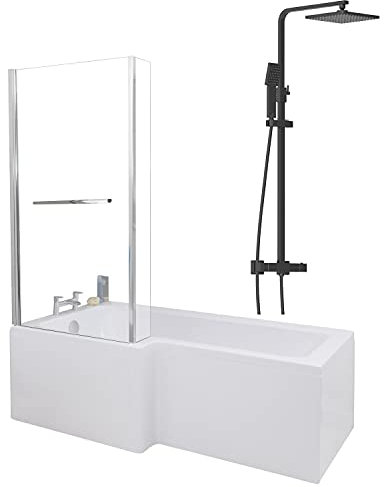 1700 x 855mm Left Hand L Shaped Shower Bath Bathroom Bathtub Glass Shower Screen with Rail Front Panel & Thermostatic Mixer Shower Set Handheld Black Square Rainfall Head