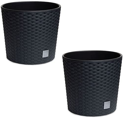 astor24 - 2 x Premium Blumentopf inkl. Einsatz Anthrazit in Rattan-Optik - Pflanzkübel - Rattan-Blumentopf für Haus und Garten