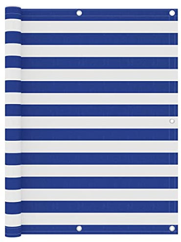 Balkonumspannungen in Garten, Balkon Sichtschutz Balkonbespannung Balkonverkleidung, Balkonsichtschutz Windschutz UV-Schutz aus Oxford-Gewebe, Aluminium-Ösen und Seil, Weiß und Blau 120x500 cm