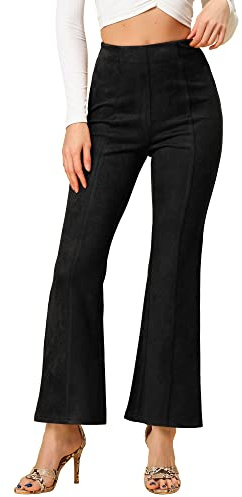 Allegra K Women's Faux Suede Pants Business Casual Wide Legs Bell Bottom Flared Trousers Medium Black