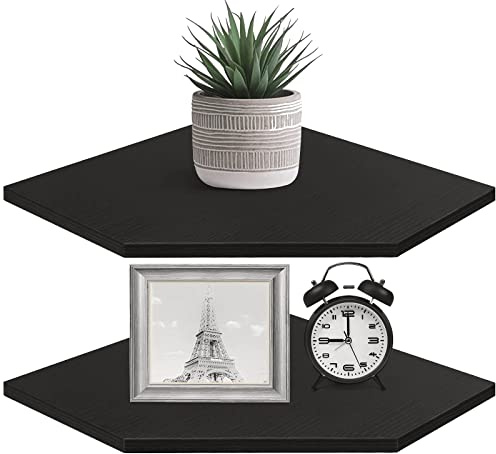 Homode Eckregal Wandhalterung, 2er Set Eckregal Schweberegal mit Drahtloch für TV, Kabelbox, Holz Hängende Lagerregal Organizer für Badezimmer Küche Wohnzimmer Schlafzimmer, Schwarz
