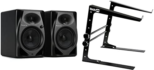 Pioneer DJ DM-50D 5-inch Active Monitor Speaker - Black & RockJam Portable DJ Laptop Stand with Adjustable Height, Anti-Slip Design, Works for Laptops, Controllers and CD Players