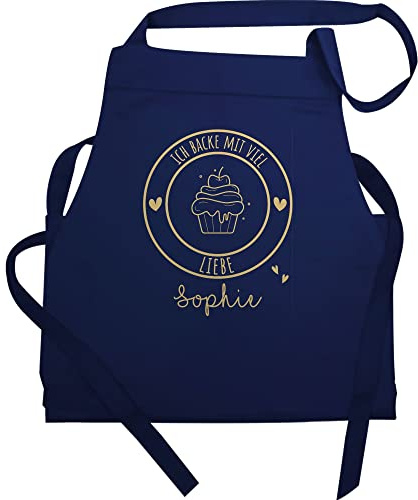Geschenk mit Namen personalisiert by Shirtracer - Schürze - Backschürze - Ich backe mit viel Liebe I Geschenk Hobbybäcker I Geschenk Backen