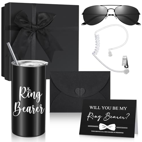 Set di 6 regali per portatori di anelli, bomboniere per matrimoni, include bicchiere porta anelli con cannuccia, biglietto di proposta Will You Be My Ring Bearer, busta, occhiali da sole di sicurezza