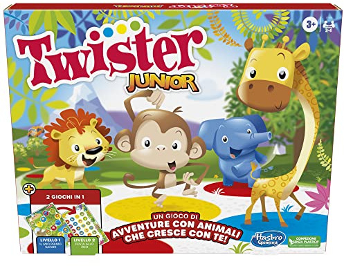 Hasbro Gaming Twister Junior, Gioco da Tavolo con Tappetino Fronte-Retro, 2 in 1, Multiplayer 2 a 4 Giocatori, Giochi Classici per Festa in Famiglia per Bambini e Bambine da 3 Anni