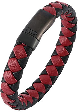 Ayoiow Männer Armband Indianer, Herren Armband Metall Armband Leder Herren Schwarz Rot Geflochten Armband mit Schwarz Schnalle