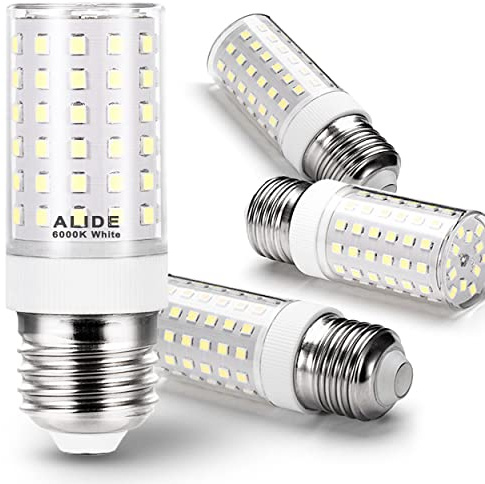 ALIDE E26 100W Replacement LED Candelabra Corn Bulbs,6000K Bright Daylight White,E26 E27 12W LED Light Bulbs 1200LM for Ceiling Fan Chandelier Pendant Lighting Refrigerator,Non-dimmable,4 Pack