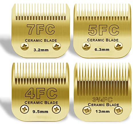 Detachable Pet Dog Grooming Clipper Ceramic Blades Set,Compatible with Andis/Heiniger/Moser45/A5 and Wahl KM10 Series Clippers,Size 7FC/5FC/4FC/3FC 4 Pack,Gold