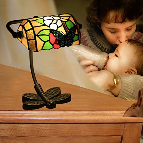 Mini Kleine Tiffany Buntglas Nachttisch Akzent Nacht Banker Lampe, Humming Bird Libelle Pink Rose Barock Schmetterling Grün Lampenschirm Gusseisen Libelle Basis Mädchen Geschenk,Butterfly