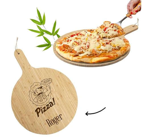 Planche a decouper bois personnalisée 100% BAMBOU - Pelle a pizza gravure sur bois pour prénoms, logo, citation… [ Planche à découper bambou ]