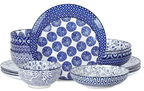 Selamica Ceramic 16-Piece Dinnerware Set, Vintage Blue Dishes Set for 4, Dinner Plates and Bowls Set, Salad and Dessert Plates, Soup and Pasta Bowls
