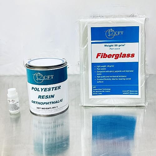 Kit riparazione in fibra di vetro con 1kg resina poliestere + 1m² tessuto 80g/m² | Per auto, barche, cemento, legno, metallo | Resistente, durevole, carteggiabile, facile da usare