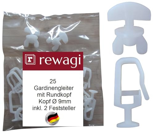 rewagi 25 Gardinengleiter mit Rundkopf Ø 9 mm & 2 Feststeller, Faltengleiter, Überklipshaken, Gardinenhaken für Gardinenschiene