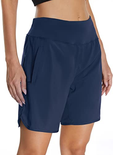 Mesing Pantaloncini Sportivi Running Donna a Vita Alta Pantaloni Corti Palestra Allenamento Corsa Traspirante Sport Shorts con Slip Interni e Tasche Posteriori con Cerniera Blu S