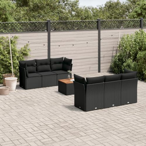 ULUYYUC 7-TLG. Garten-Sofagarnitur, Hocker Schlafsessel Mit Bettfunktion Eckbankgruppe Gästebett Geeignet für Außenbereich Balkon Garten Hinterhof mit Kissen Schwarz Poly Rattan