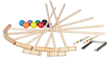 Relaxdays Krocket Spiel, 8 Spieler, für Klein & Groß, Komplettset mit Tasche, Croquet Set Holz, Schläger, Mehrfarbig