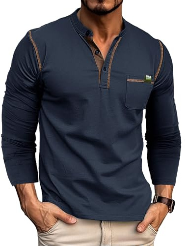 MAGIMODAC Herren Tshirt Langarm Hemd Baumwolle Langarmshirt V Ausschnitt Henley Shirt Tee Top T-Shirts mit Knopfleiste Dunkelblau L