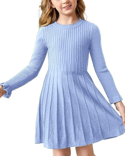 Haloumoning Abito da ragazza, a maniche lunghe, linea ad A, caldo, per la scuola, l'autunno, l'inverno, tinta unita, per il tempo libero, per feste, Azzurro, 130 cm