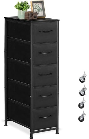 Shinoske Slim Chest of Drawers with 5 Fabric Drawers, Narrow Dresser Storage Organiser, Storage Cabinet Unit with Durable Steel Frame and Removable Drawer for Home Office Bedroom, Black
