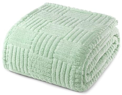 Whale Flotilla Fluffy Fleece King Size Blanket for Bed, 230x264 CM Fuzzy Soft Cozy Exquisite Blankets with Decorative Jacquard Pattern for All Season, Warm but Lightweight, Sage Green