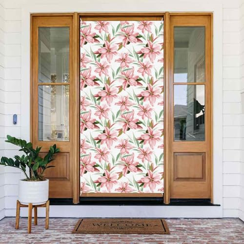 Cubiertas decorativas para puerta de flores de lirios rosados, decoración de pancarta de puerta para interiores y exteriores, decoraciones de primavera/verano/otoño/invierno, Halloween, Navidad