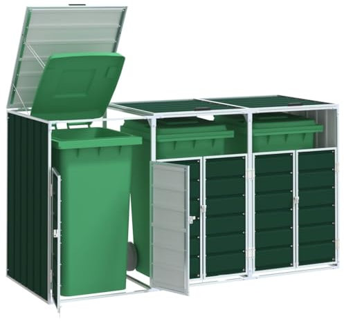 Tidyard Rangement à roulettes pour poubelles pour Trois bacs Vert Acier, Poubelle Cache Conteneur, Abri Range Déchets pour Jardin, Pelouse, Terrasse, Extérieur