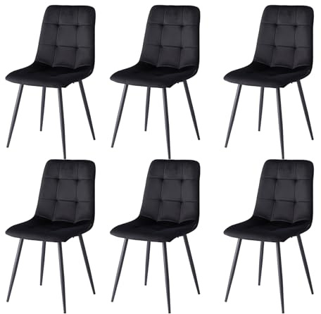 GrandCA HOME Set med 6 matstolar med sammetsfylld sits, moderna köksstolar med metallben, svart-HL