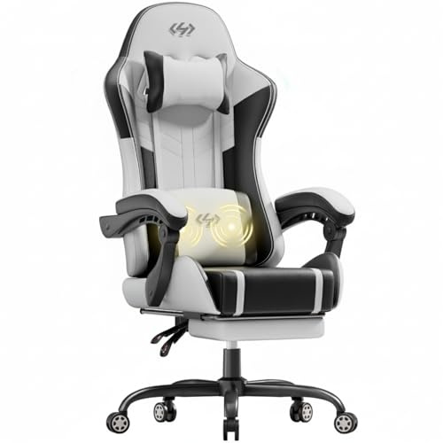 HLONONE Gaming Stuhl mit Massagefunktion, Ergonomischer Gaming Chair | Fußstütze, Kopfstütze und Massage Lendenkissen, Verstellbare Rückenlehne, für Homeoffice und Gaming, bis 150kg, Schwarz-Weiß
