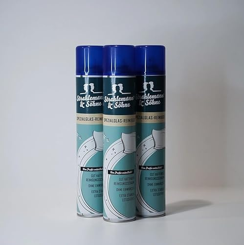 Strahlemann & Söhne Glasreiniger 3 x 500ml, konzentrierter Reinigungsschaum mit extra starkem Lotuseffekt. Er entfernt Fett und Nikotinbeläge. Auch für Acryloberflächen geeignet.