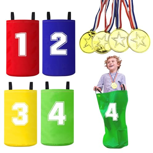 KBIBCK 4 Piezas Bolsa de Carrera de Sacos, Juegos de Carreras de Sacos, Sacos de Saltar Sacos de Cumpleaños Infantiles, Saco de Carrera Infantil con Medallas para Cumpleaños, Fiesta, Familiar