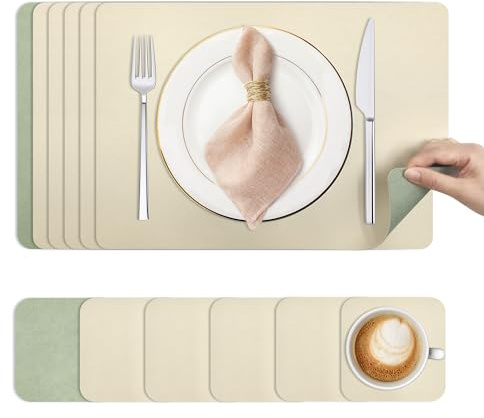 KitchenBoss Manteles Individuales Lavables y Posavasos: Juego de 6 Salvamanteles Individuales, Mantel Individual de Doble Cara, Resistentes al Calor Antideslizante，43x30cm