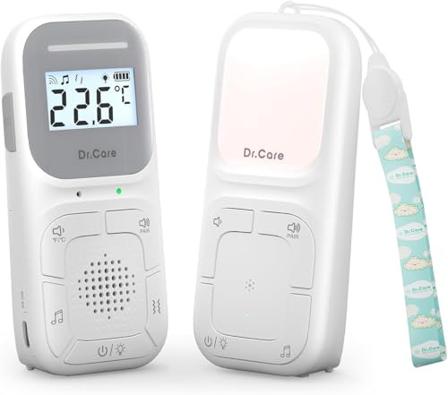 Dr.Care Baby Monitor Audio, entrambe le unità a batteria, 300m, senza WiFi | Monitoraggio T°/umidità, preassociato, audio bidirezionale, VOX, luce notturna, ninne nanne, allarme vibrazione, clip/laccio
