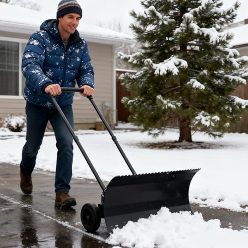 Schneeschaufel mit Rädern, 29 Zoll Eis und Schnee Dual Use Schneeschaufel für Auffahrt, Winkel verstellbare Klinge & Griff Schneeschieber Schaufel, Effiziente Schneeräumung für Auffahrt