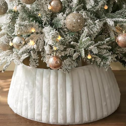 Christmas Tree Collar | White Luxury Plush Tree Collar With Stripe Textured Pattern | Soft ChristmasTree Ring Boho TreeSkirt For Holiday Decorations Indoor Home Decor