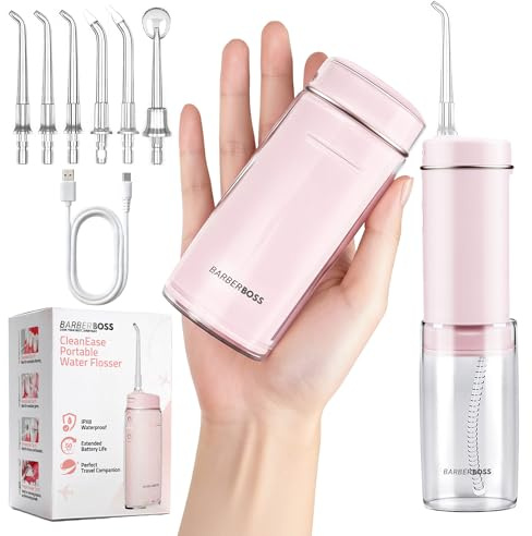 BarberBoss Travel Oral Irrigator, USB-C Rechargeable Water Flosser, Cordless Portable Irrigator with 3 Cleaning Modes, 6 Tips, IPX8 Telescopic Water Tank Flosser, QR-7113 (Pink)
