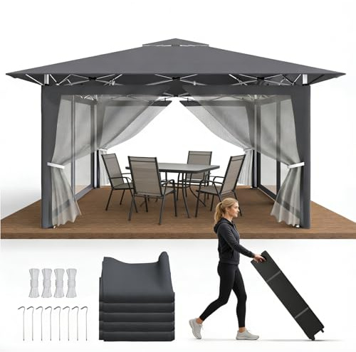 Ferzone Faltpavillon 3.6x3.6M mit 4 Moskitonetz Seitenteilen, Pop up Pavillon Wasserdicht Stabil Winterfest, Faltbar Partyzelt UV Schutz 50+ mit Bodenstift&Windseil&Transportkoffer, Schwarz-Anthrazit