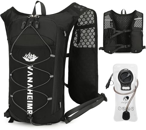 Outplea Ultralight Hydraion Running Vest with 2L Water Bladder for Men Women, Waterproof Water Backpack with Zipper Phone Pocket, Multipocket Hydropack Vest for Cycling Running Marathon Jogging, Black