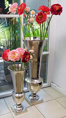 Vase Blumenvase Gefäß Pokalvase Dekovase Aluminium Silber Aluminium - Bodenvase für Kunstblumen und Pampasgras - 52 cm / 80 cm (20x20x52 cm)