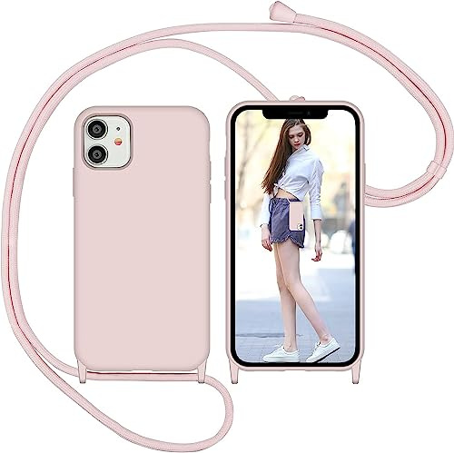 Nupcknn Liquid Silikon Handykette Hülle für iPhone 12/iPhone 12 Pro Hülle Necklace(abnehmbar) Hülle mit Kordel zum Umhängen Handy Schutzhülle mit Band (Rosa, 6.1)