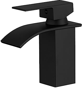 BESy Waterfall Spout Bathroom Sink Mixer Taps,Single Handle Basin Mixer Tap, Lavatory Vessel Faucet,Stainless Steel,Matte Black Vanity Tap