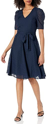 Tommy Hilfiger Damen Midikleid mit Puffärmeln und V-Ausschnitt Lässiges Kleid, Kapitän des Himmels (Sky Captain), 40