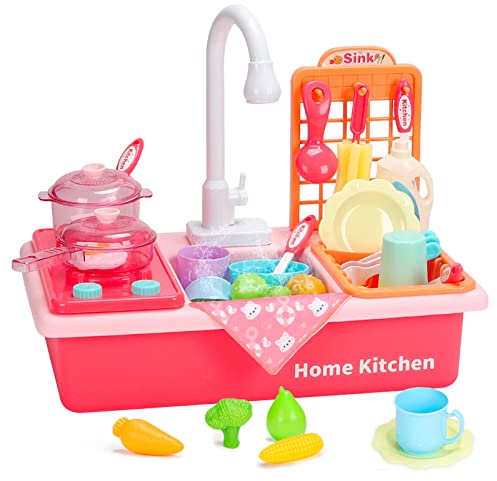 Küchenspüle Spielzeug Set mit Wasserkreislauf Geschirrspüler,Spülbecken Kinder Utensilien Geschirrzubehör für Kinder, Küchenspielset mit fließendem Wasser,Geschenk für Mädchen und Jungen