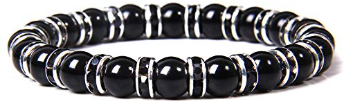 HYXC Bergkristall Armband, Natürliche Schwarze Onyx-Stein-Armbänder Mode Strass Spacer Bead Chakra Armreifen Elastische Energie Edelstein Balance Yoga-Schmuck Für Frauen Männer